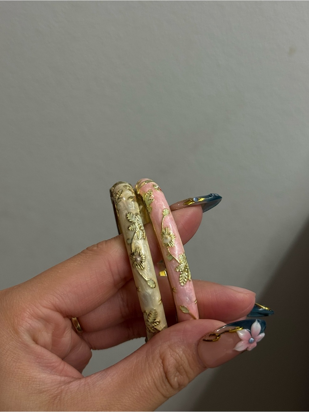 Floral Enamel Bangle Bracelets - Pink & Cream - Picture 2 of 6
